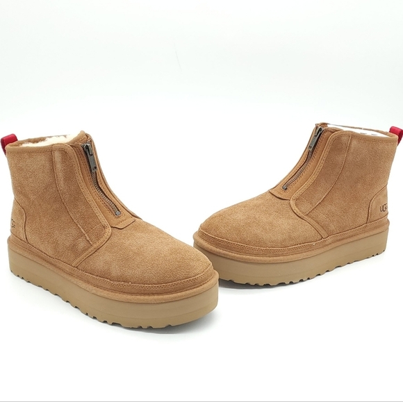 UGG Women Neumel Zip Platform Ankle Booties Chestnut Suede Plush Size 12 - Picture 2 of 12